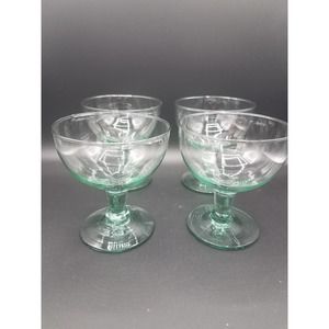 ☆Set 4 Optical Aqua Green Glass Footed Dessert Glasses Cups Stemmed